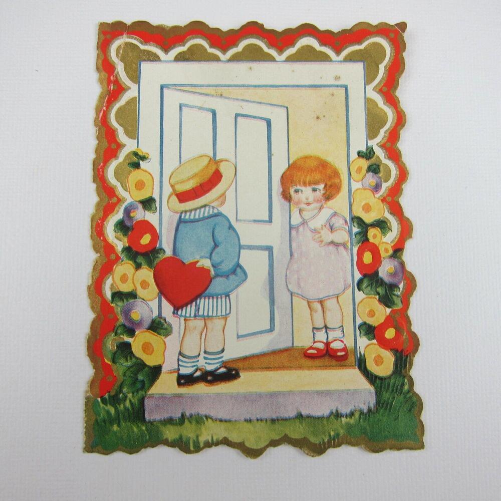 Vintage Valentine Card Die cut Bifold Redhead Girl Boy at Door Flowers Embossed